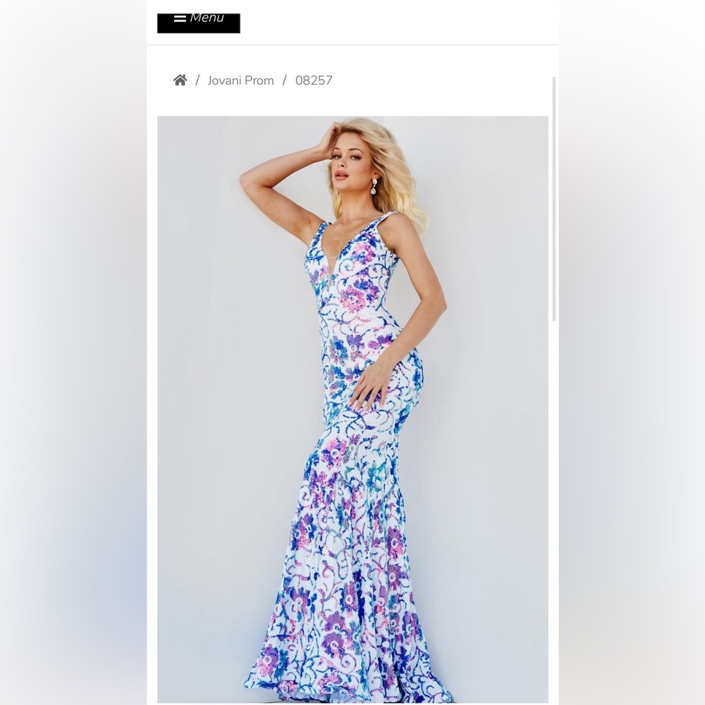 Jovani 08257 Ivory Multi Color Print Purple Sequin Fitted Gown- size 6